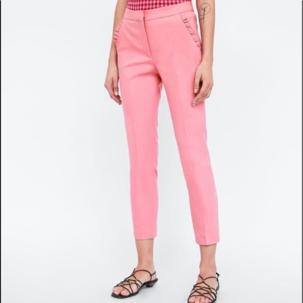 ZARA Pink Trousers with Ruffle detail Great looking Business Casual pant size XS